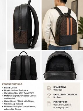 Coach Graham Backpack Signature Canvas Varsity Stripe Brown Black Leather NWT